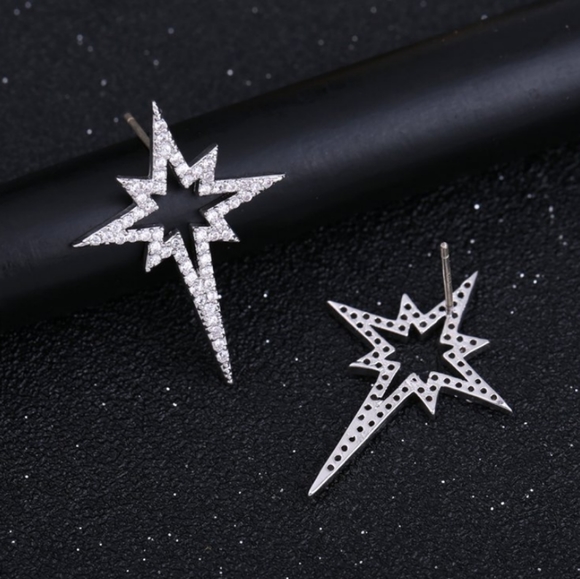NEW 925 Sterling Silver Pave Diamond Star Earrings - Picture 3 of 5